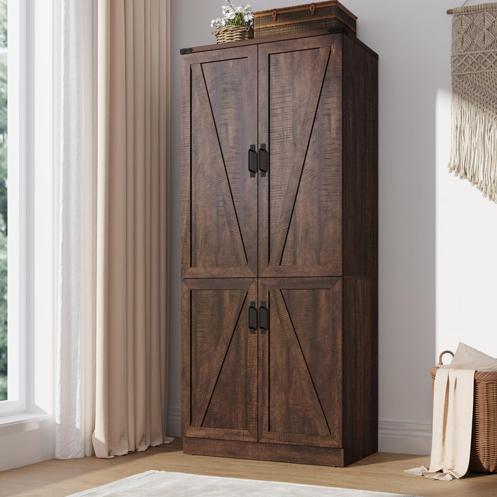 75" Tall Farmhouse 2 Doors Armoire Wardrobe Closet with LED, Freestanding Closet Wardrobe Cabinet with Hanging