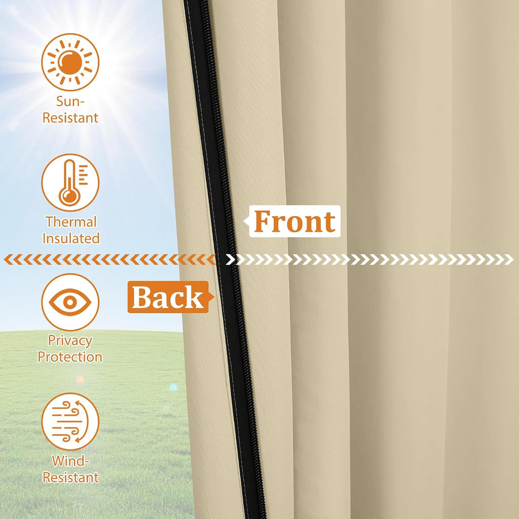 Outdoor Curtains Waterproof 2 Panels Blackout Curtains 84 inch Long with Zipper Top & Bottom Grommet Sun Blocking
