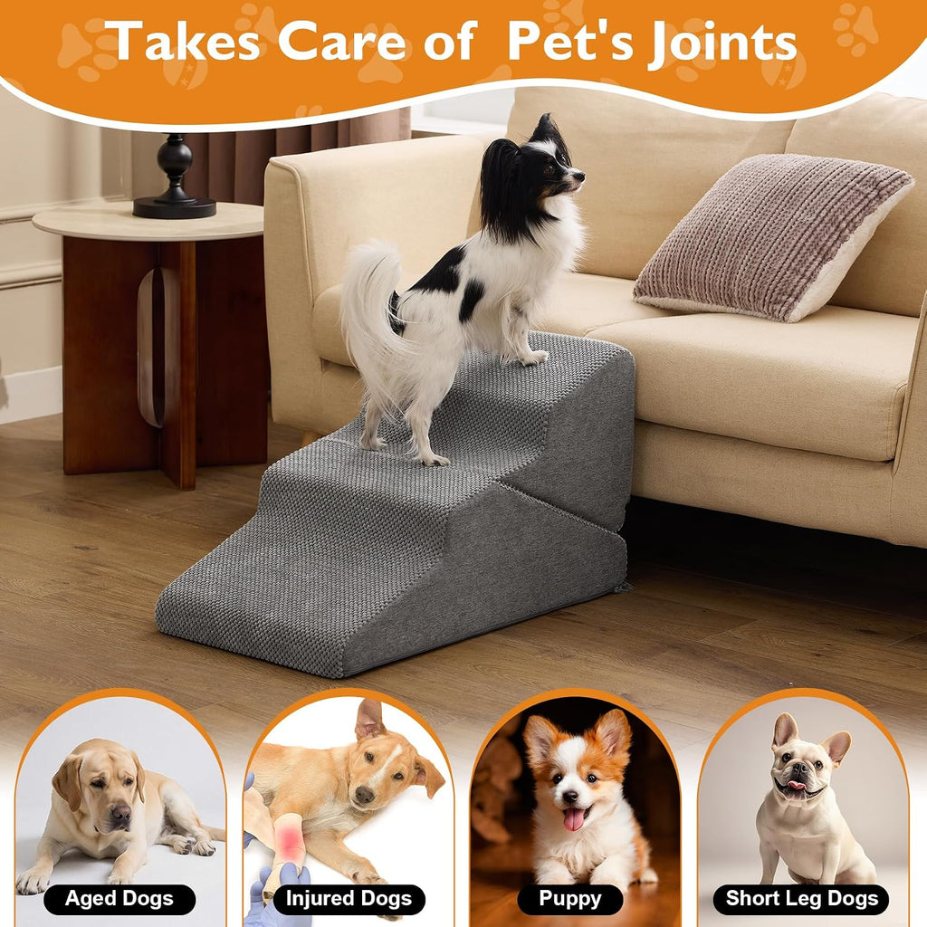 Dog Stairs for Small Dogs 16'' H, 3-Step Dog Steps for Bed, Grey