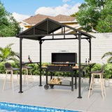 8'x 5' Hardtop Grill Gazebo, Outdoor BBQ Gazebo Metal Roof Canopy with 2 Metal Side Shelves & 5 Tool Hooks for