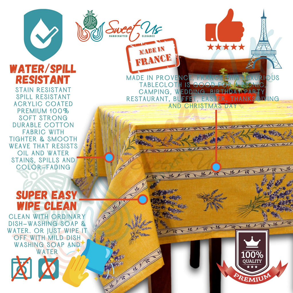 Royal Lavender Wipeable Tablecloth Spill Resistant Acryllic Coated, Floral Cotton French Provencal Tablecloth for