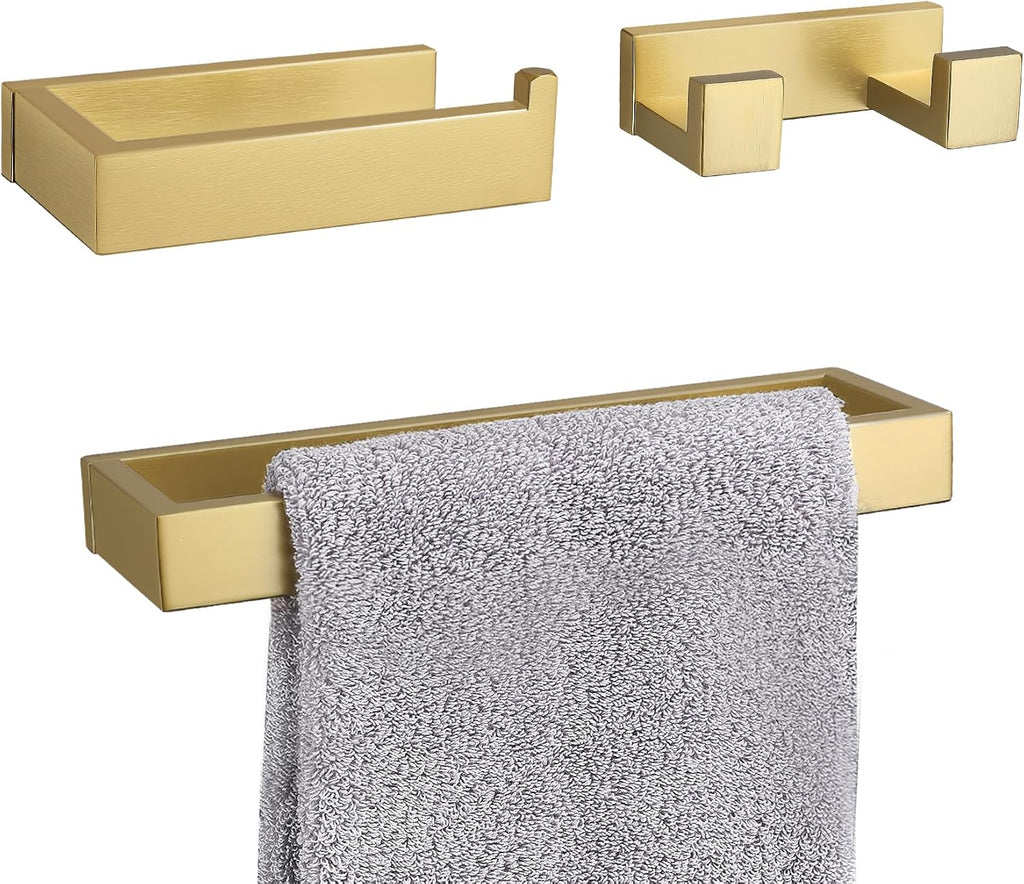Brushed Gold Bathroom Accessories, Toilet Paper Holder, Towel Bar and Hook | 3 Pieces Bathroom Hardware Set, SUS304