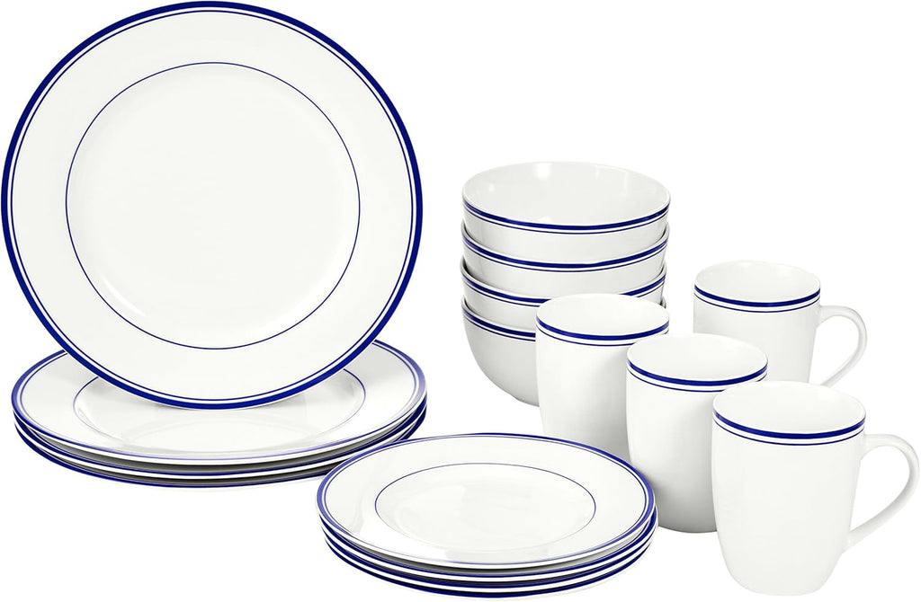 16-Piece Cafe Stripe Dinnerware Set, Microwave and Dishwasher Safe, Plates, Bowls, Mugs, Service for 4, Blue