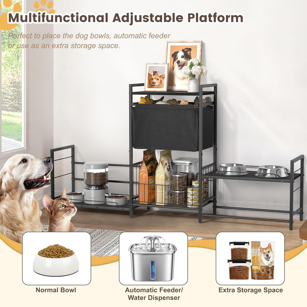 Elevated Dog Bowl Stand with 2 Feeding Stations, Adjustable Raised Feeding Station Cabinet with Toy Bin Basket