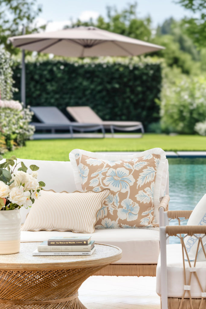 Coastal Patio Indoor Outdoor Scalloped Lumbar Pillow Cover Only, 12"x20" Water Repellent for Backyard, Couch, Neutral