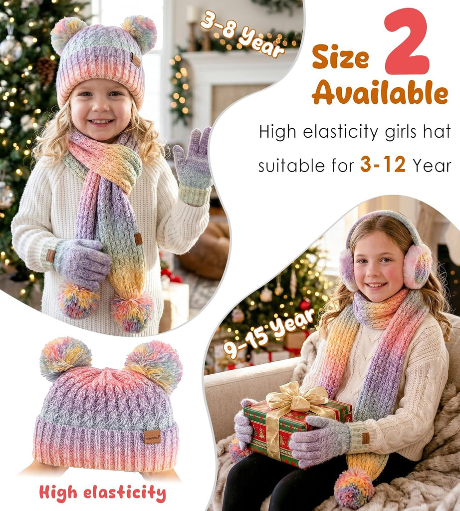 4PCS Kids Girls Winter Hat Gloves Scarf Earmuffs Set Aged