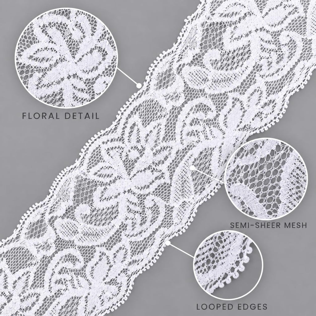 3 Inch Elastic Lace Trim, 10 Yards Floral Ribbon, Bleached White