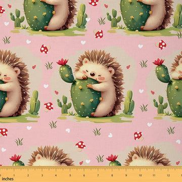 Cute Hedgehog Fabric by The Yard Mushroom Floral Cactus No Stretch Sewing Fabric Dots Wild Animal DIY Polyester