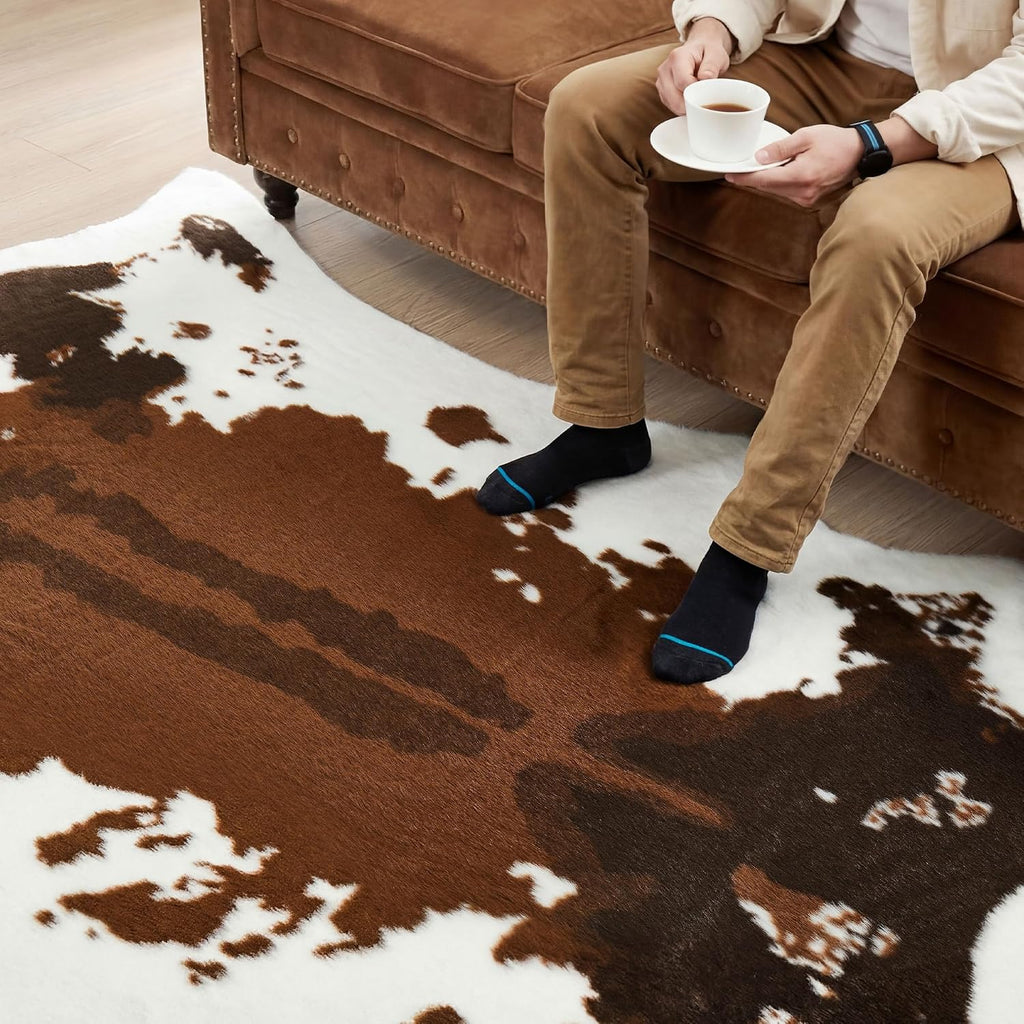 Large Durable Faux Cowhide Area Rug 4.9 x 6.56 Feet, Premium Cow Print Rug Bedroom, Durable Faux Fur Animal Cow Hide