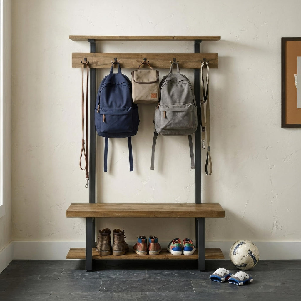 Pomona Solid Wood Entryway Hall Tree with Shoe Bench, Rustic Brown, 48 Inch