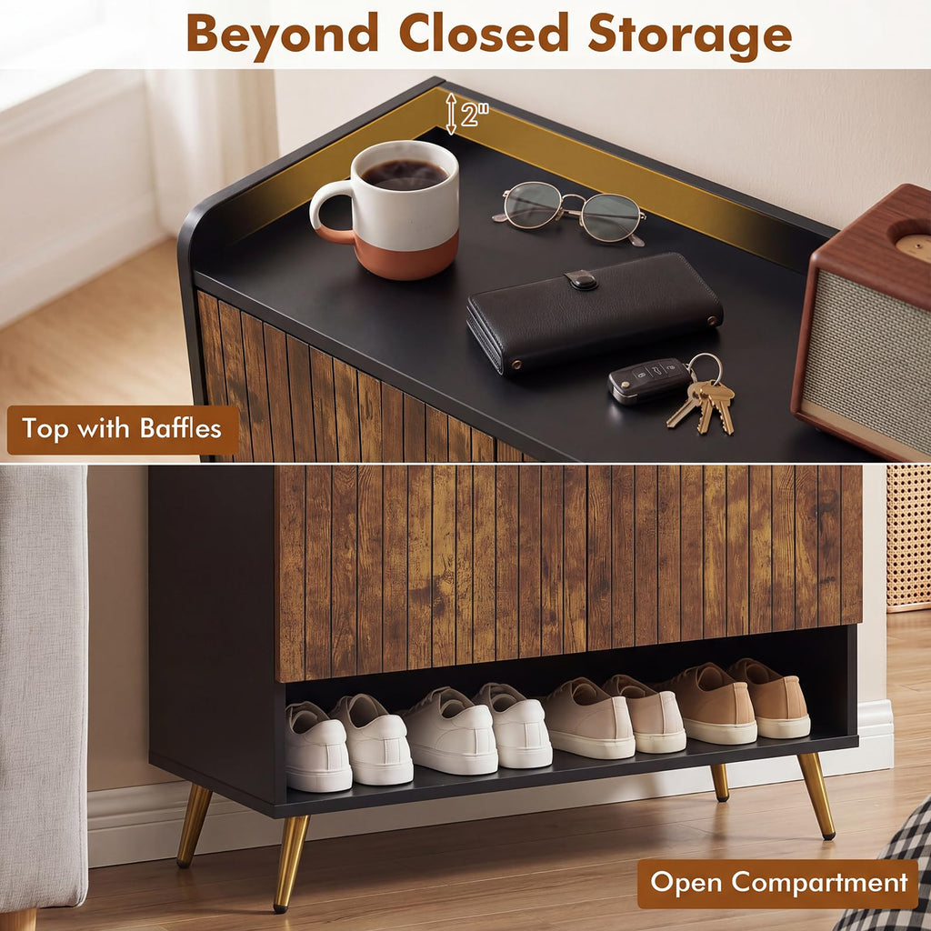 Shoe Storage Cabinet with Doors, Adjustable Shelves, Rustic Brown