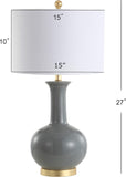 27" Gray/Brass Ceramic Table Lamp Bedroom, Modern Transitional Nightstand Lamp with White Linen Drum Shade