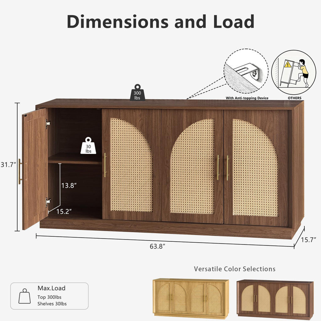 63.8" Sideboard Buffet Cabinet with Storage, Natural Walnut