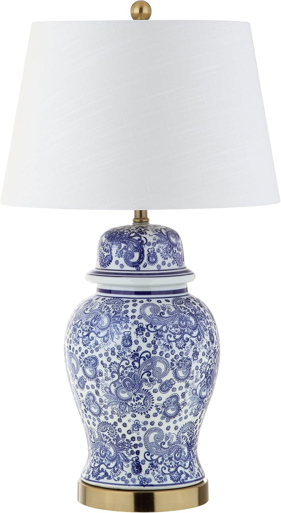 29.5" Blue/White Ceramic Table Lamp and Office, White Linen Drum Shade, Traditional Chinoiserie Ginger Jar Lamp