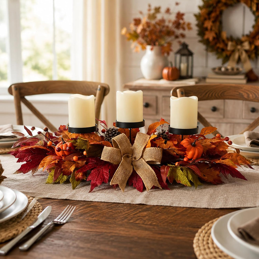 26 Inch Fall Candle Holder Centerpiece with Pumpkins and Burlap Bow | 3 Black Candle Cups with Maple Leaves, Mini