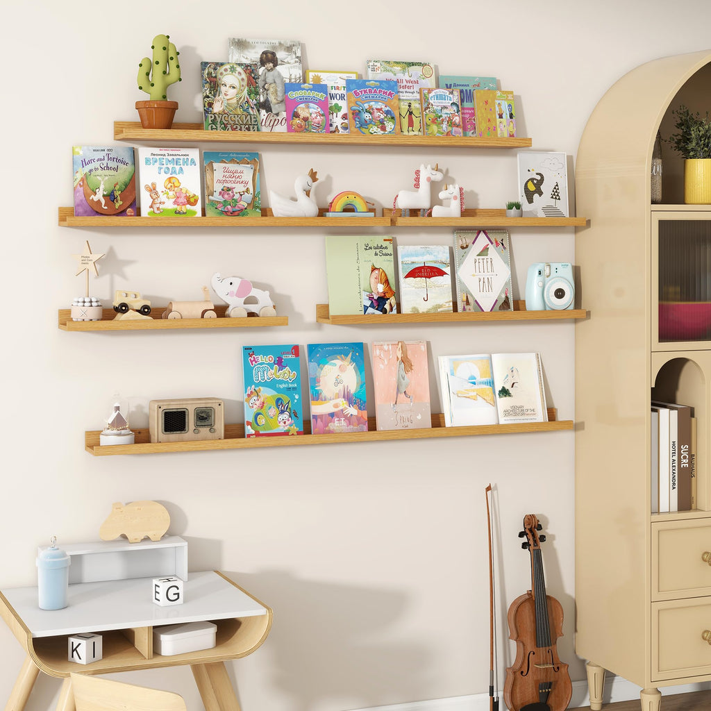 Picture Ledge Shelves Set of 2, 48 Inch Rustic Wall Mounted Floating Shelves with Lip Storage and Décor, Oak