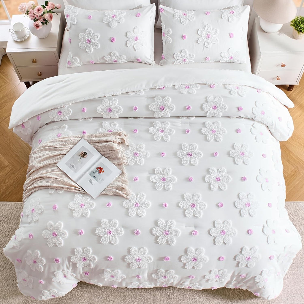 Full Comforter Set for Girls 3 Pieces Soft Pink Tufted Daisies Flowers Bedding Set Bed in A Bag Cute Floral Comforter