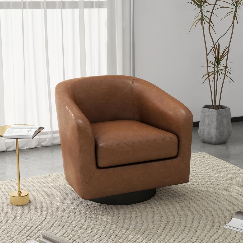 Swivel Accent Chair, PU Leather Upholstered Barrel Club Chair, Brown