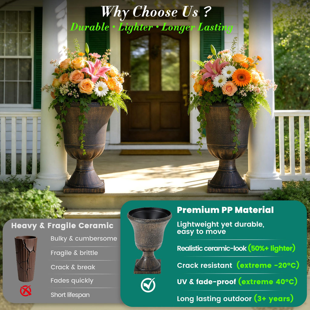 22" Tall Urn Planters Set of 2 Large Flower Pots, Antique Bronze