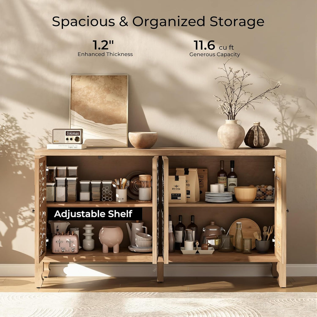 59" Solid Wood Buffet Cabinet, Accent Cabinet with 4 Carved Doors | Vintage Sideboard with Adjustable Shelf, Wooden