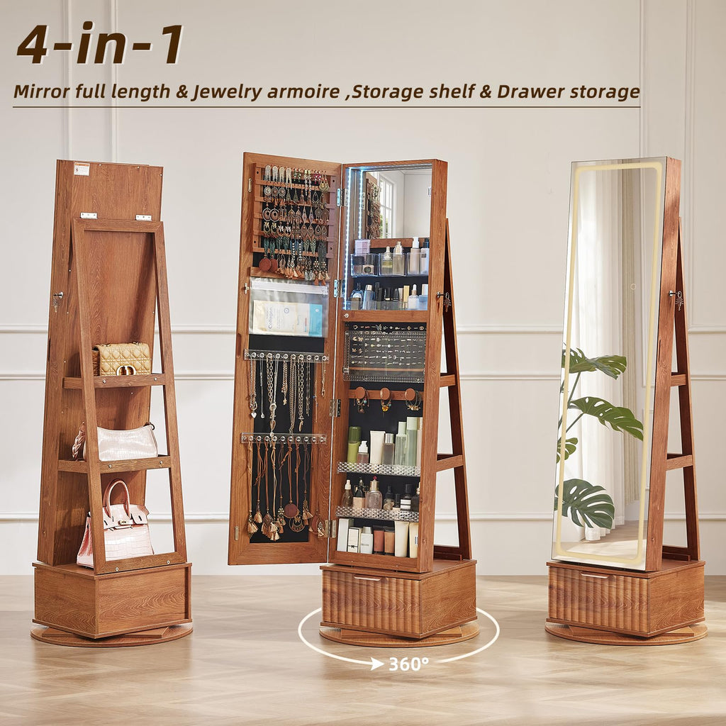 Fluted 360° Swivel Jewelry Armoire Standing with Full Length Mirror