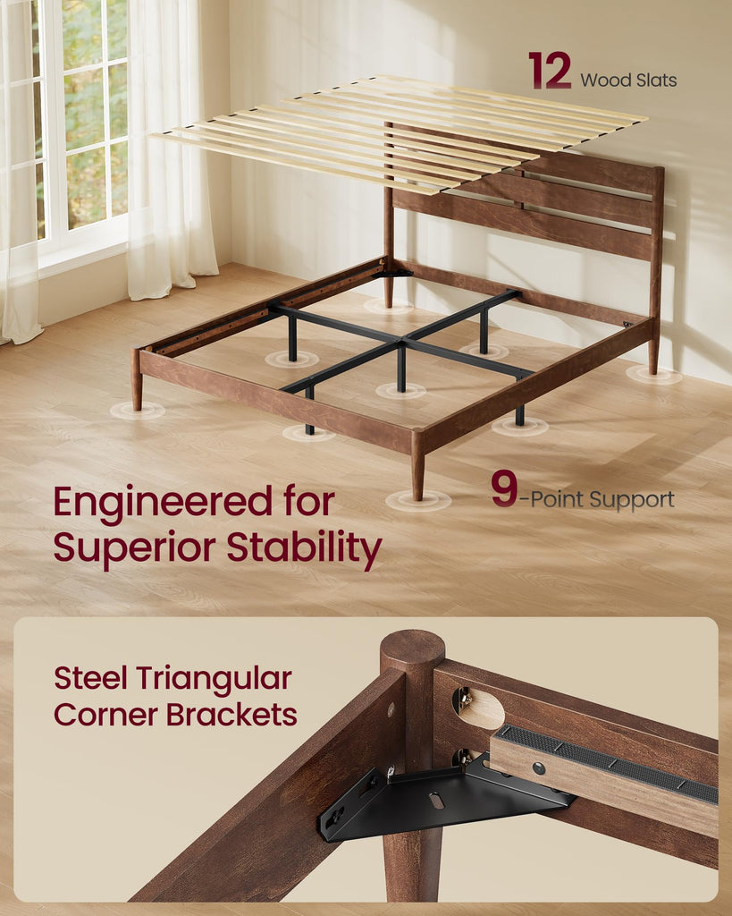 Queen Bed Frame, Wood Platform Bed with Headboard Storage Shelf