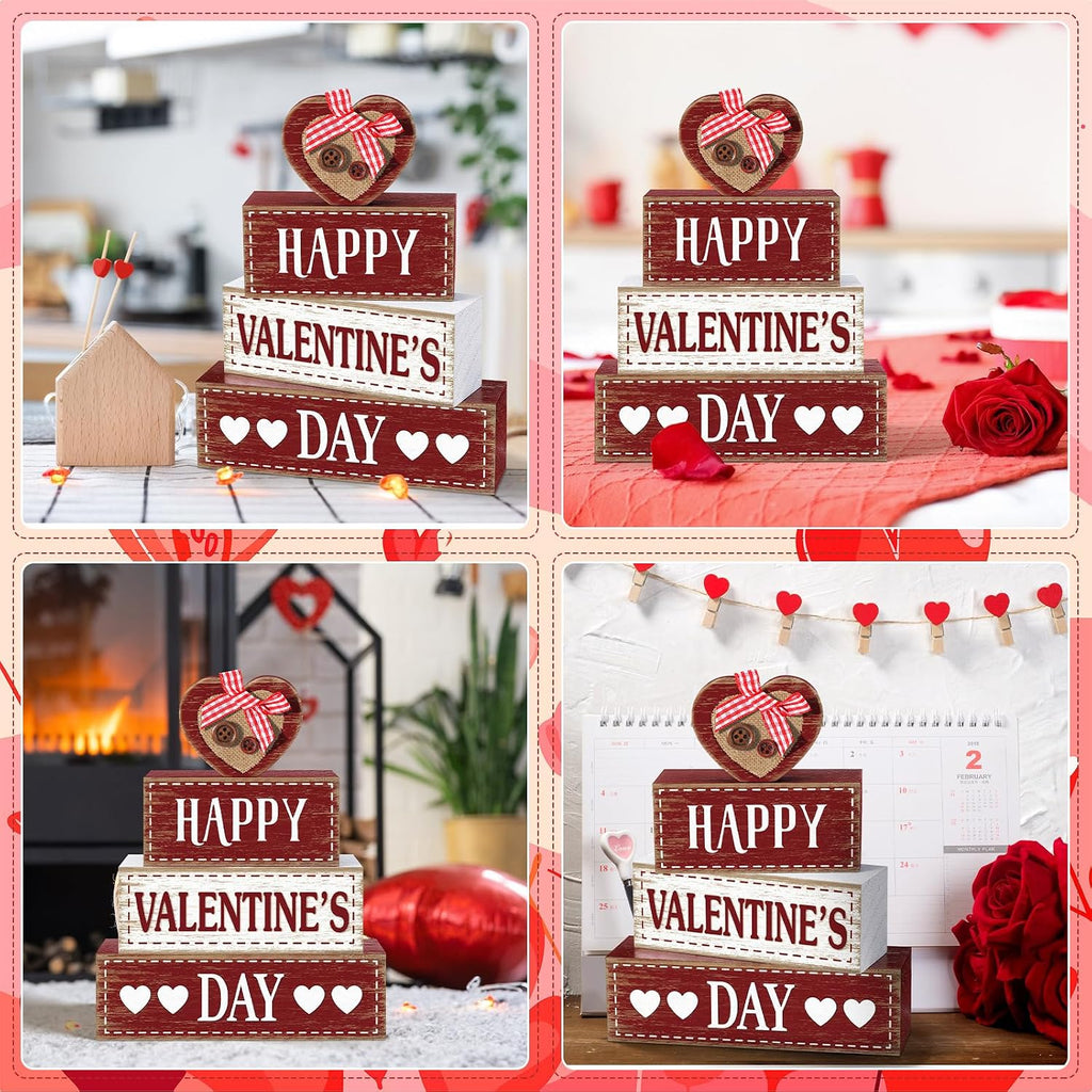 Valentine's Day Wooden Signs Heart Truck Table Decor Rustic Distressed Valentines Centerpieces Blocks Farmhouse - Set of 4