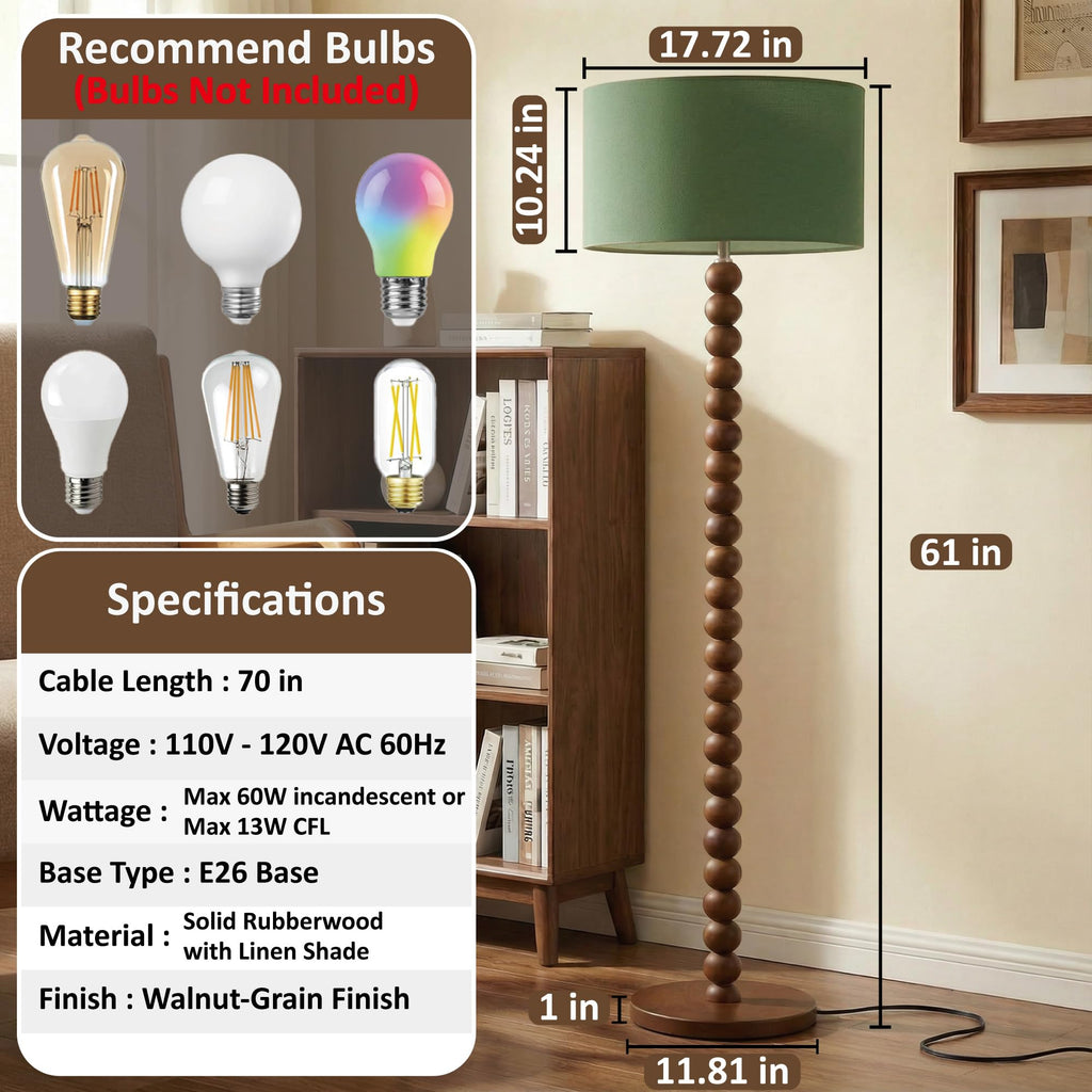 60.6 Inch Beaded Walnut Wood Floor Lamp with Linen Shade, Green