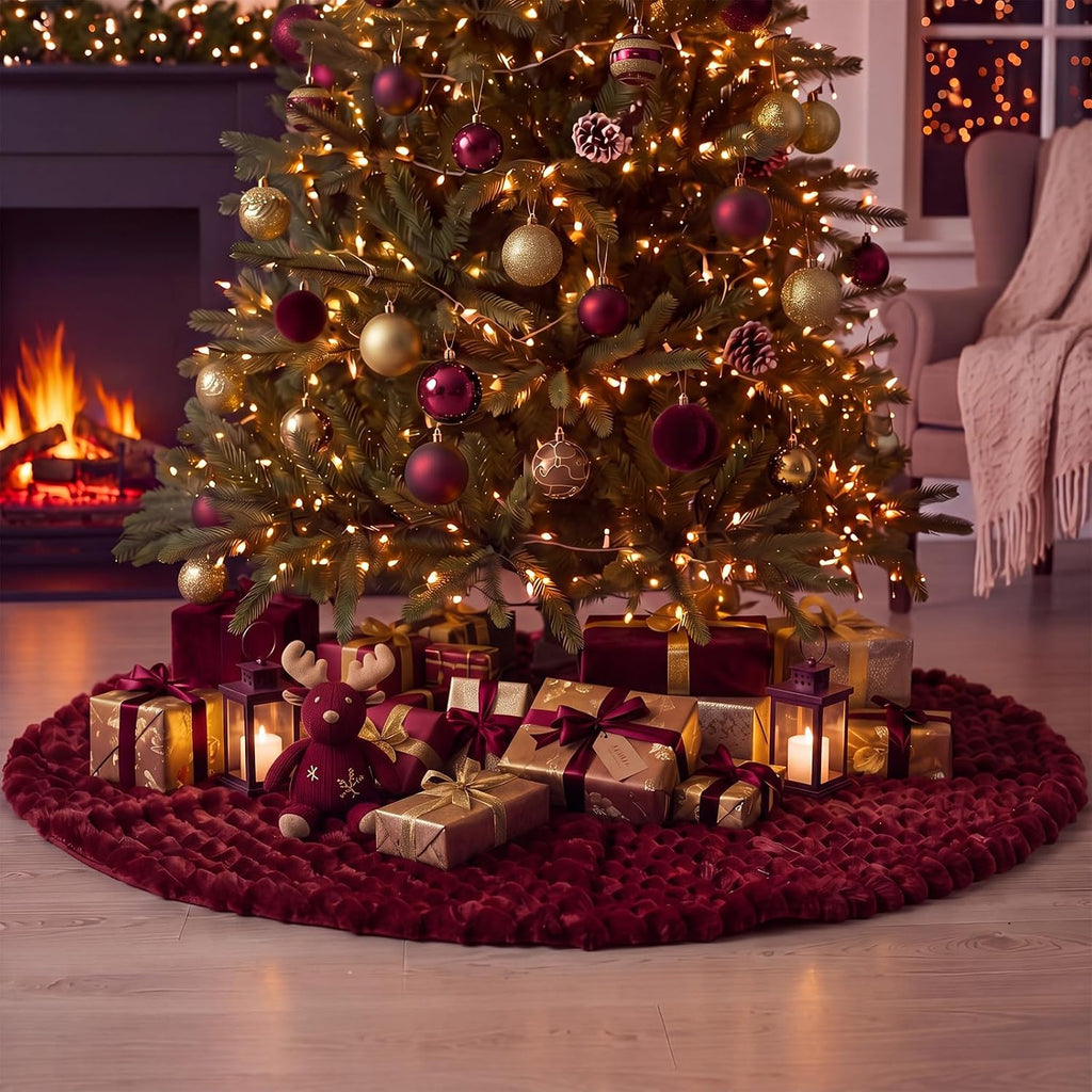 72 Inches Burgundy Red Extra Large Faux Fur Christmas Tree Skirt