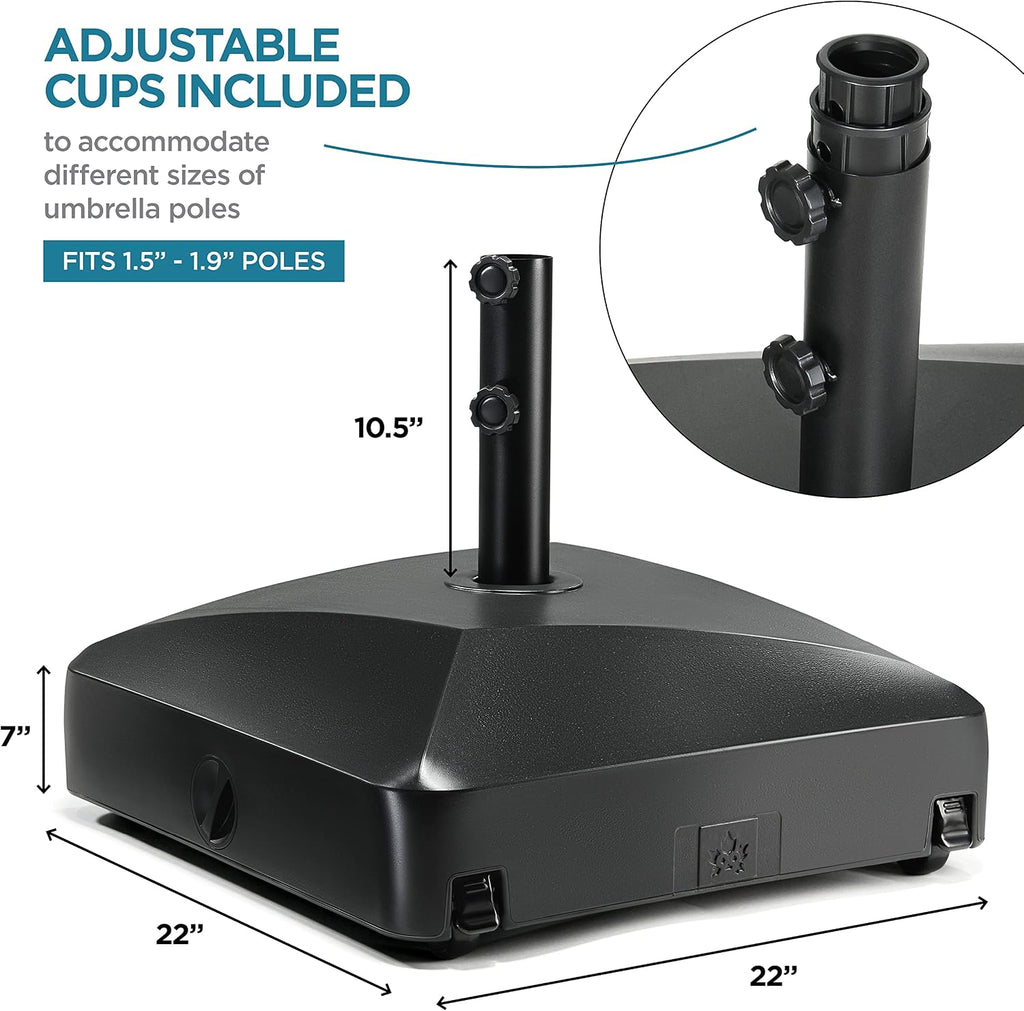 Umbrella Base - Fillable Umbrella Pole Holder 2 Knobs, with Heavy Duty Windproof Design . 4 Wheels, 2 Locks - Black
