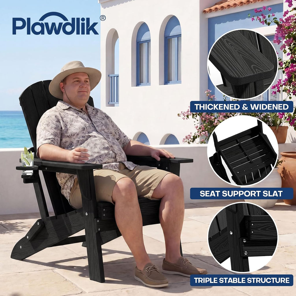 Folding Adirondack Chair Set of 4, Cup Holder,Wooden Textured ,Heavy All-Weather HDPE Comfortable Set Poolside