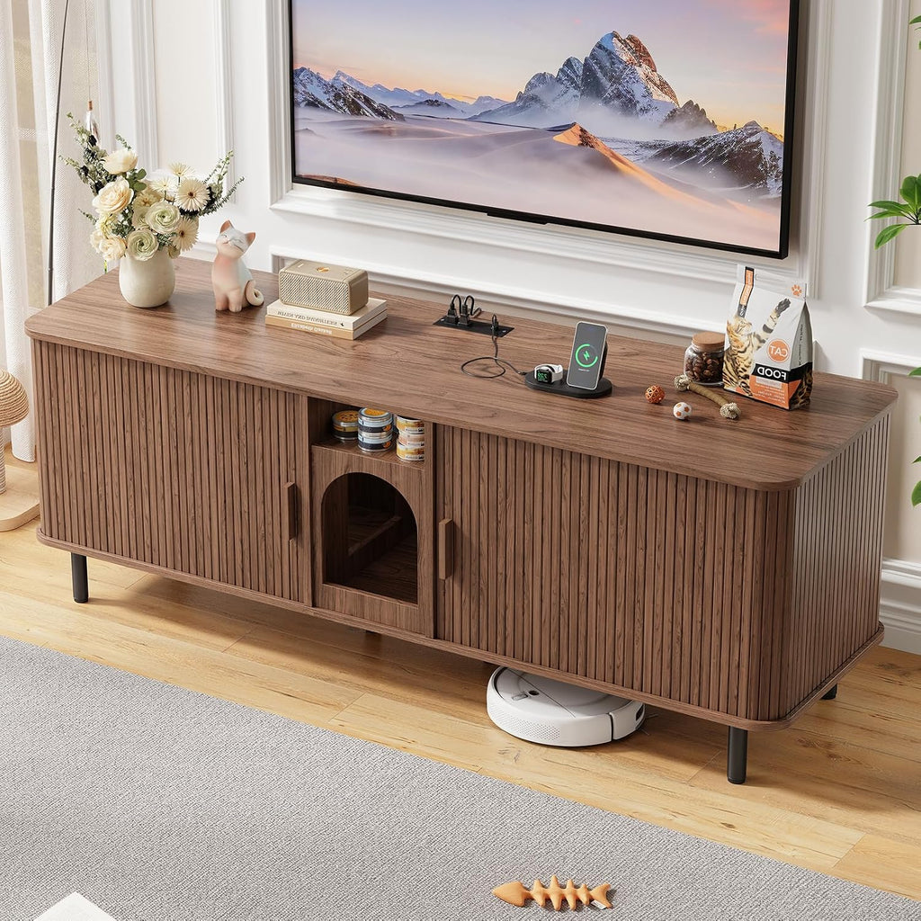 65 Inches Cat Litter Box Enclosure for 2 Cats, Walnut