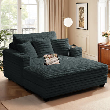 60" Chaise Lounge Chair Indoor, Wood Frame, Grey Blue