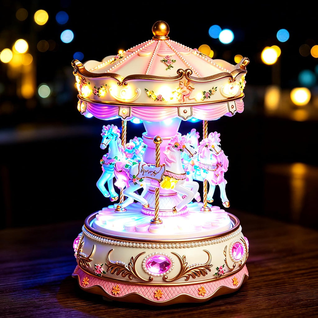 Pink Carousel Music Box with Rotating Horses and LED Light
