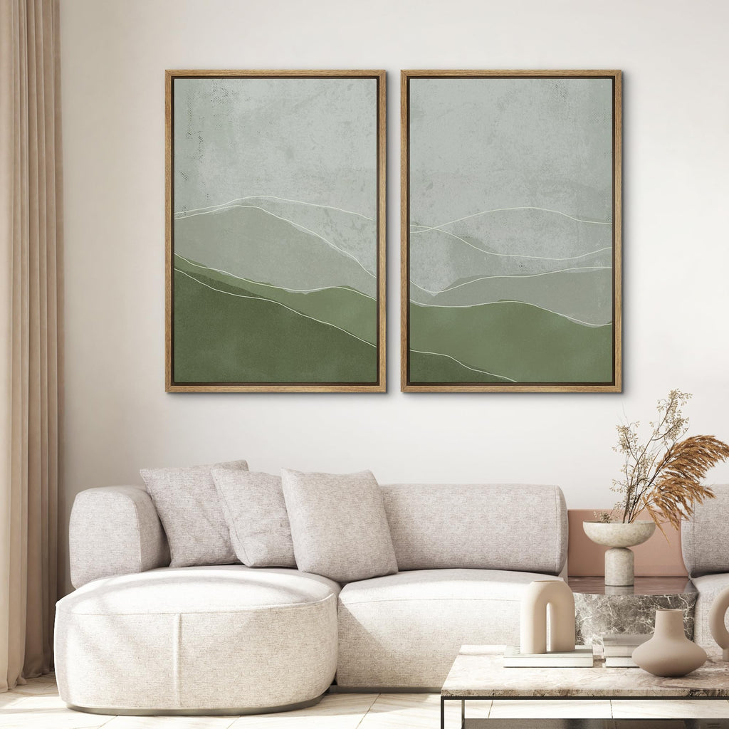 Framed Wall Art Print Set Faded Green & Gray Wave Landscape Abstract Shapes Illustrations Modern Art Bohemian