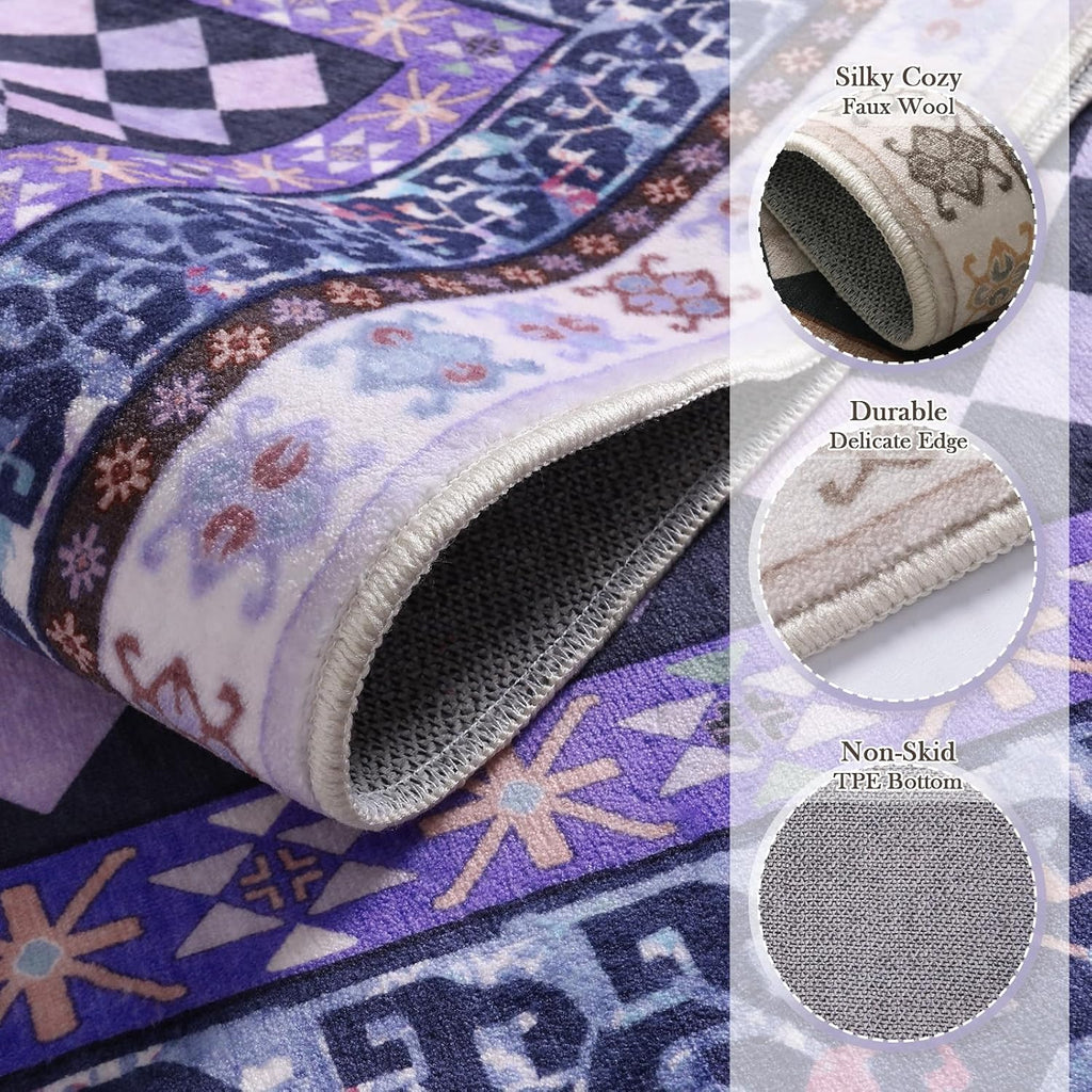 Washable Checkered Area Rugs, Non Slip Purple Trellis Living Room Rug, Low Pile Soft Funky Checked Throw Carpet