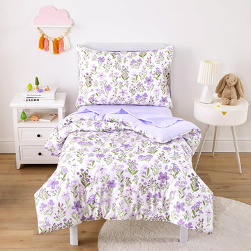 Floral Toddler Bedding Set for Girls, Cute Colorful Botanical Flowers, 4 Pieces Soft Crib Bed Set Including