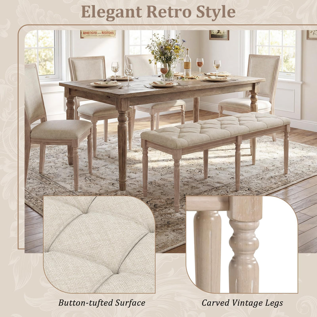 47.5-inches Upholstered Dining Bench, 2-Pack Button-Tufted Table Bench with Carved Rubber Wood Legs, Padded Seat