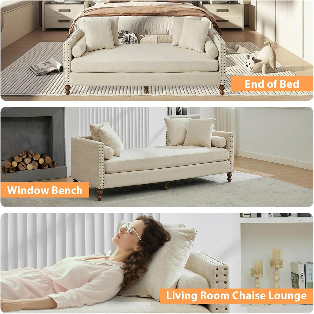75.2" Oversized Chaise Lounge, Chenille End of Bed Bench with Tufted Arms, Sleeper Sofa Daybed with 4 Pillows