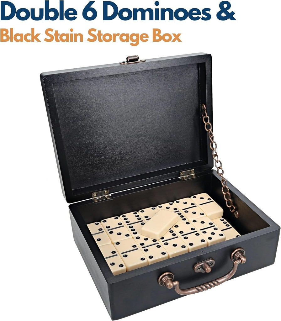 Double 6 Dominoes in Black Stained Wooden Treasure Box, Dominoes Set for Adults, Ivory Color Double Six Domino