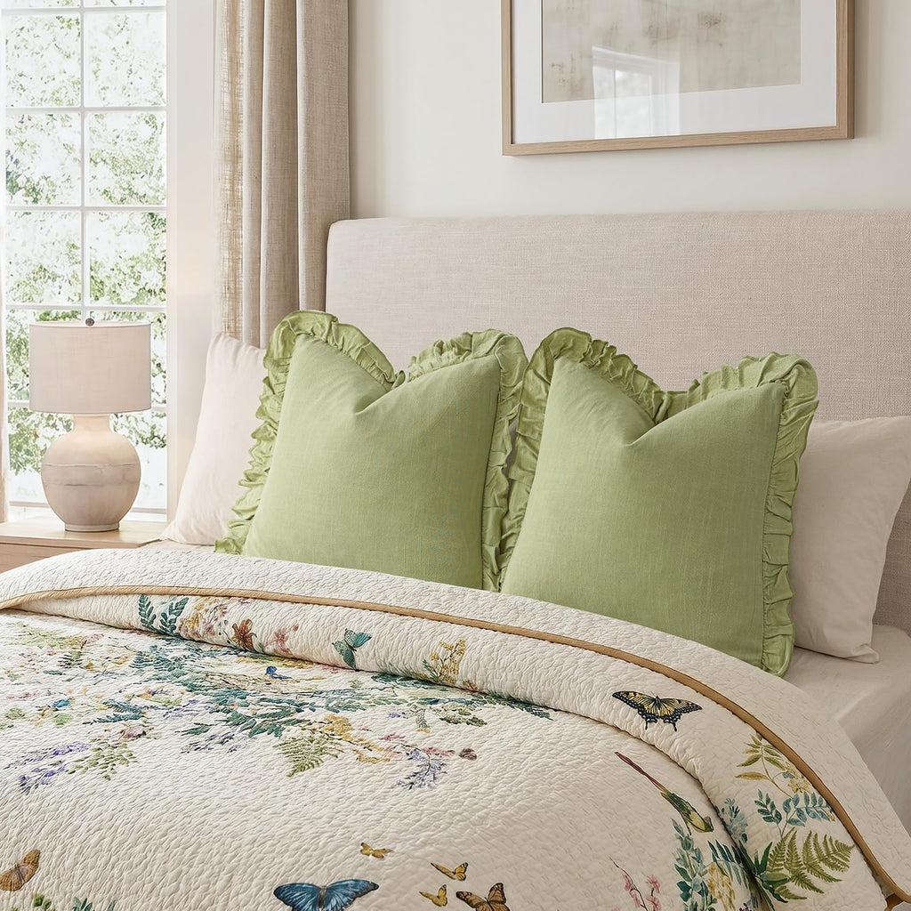 Linen Fringe Ruffle Throw Pillow Covers 18×18 Inch Light Green