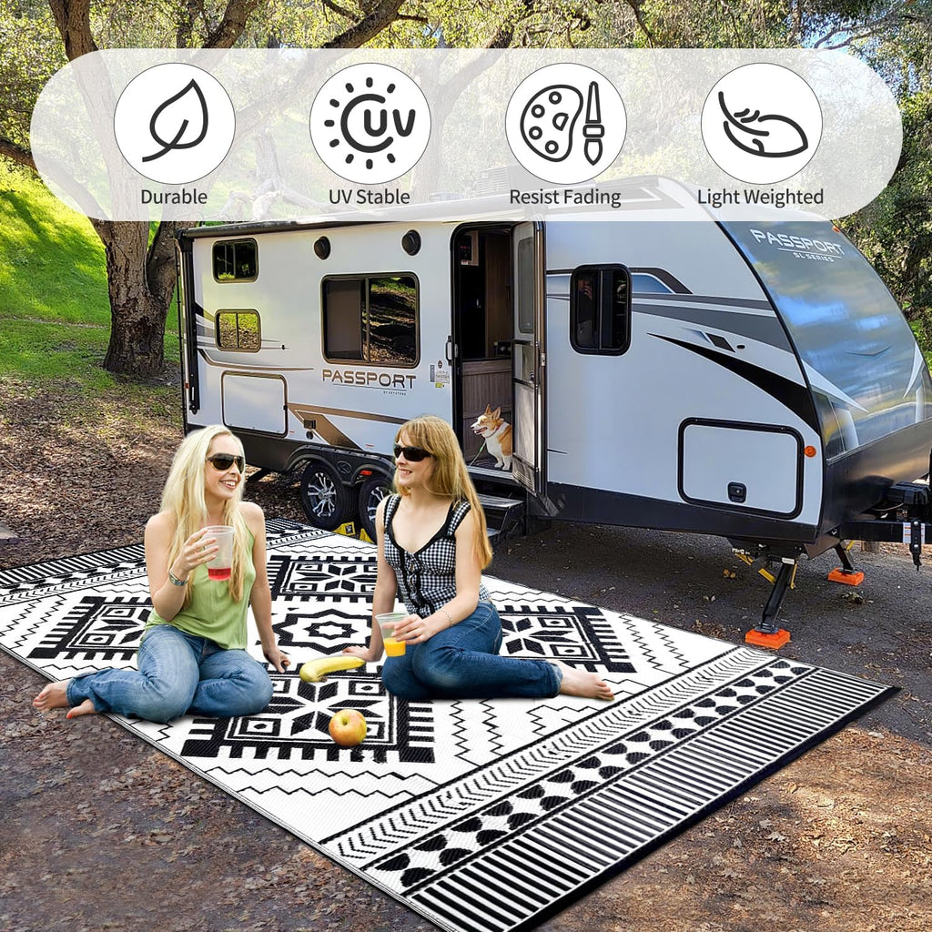 Waterproof Outdoor Rug, Boho Reversible Plastic Straw Mat RV Deck Porch Backyard Balcony Camping Picnic Beach