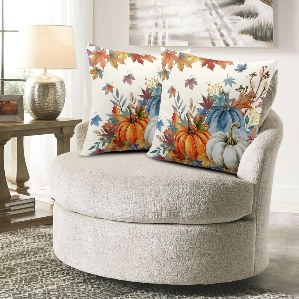 Fall Blue Orange Pumpkin Pillow Covers 20x20 Set of 2 Autumn Maple Leaves Outdoor Pillow Cases Thanksgiving Harvest