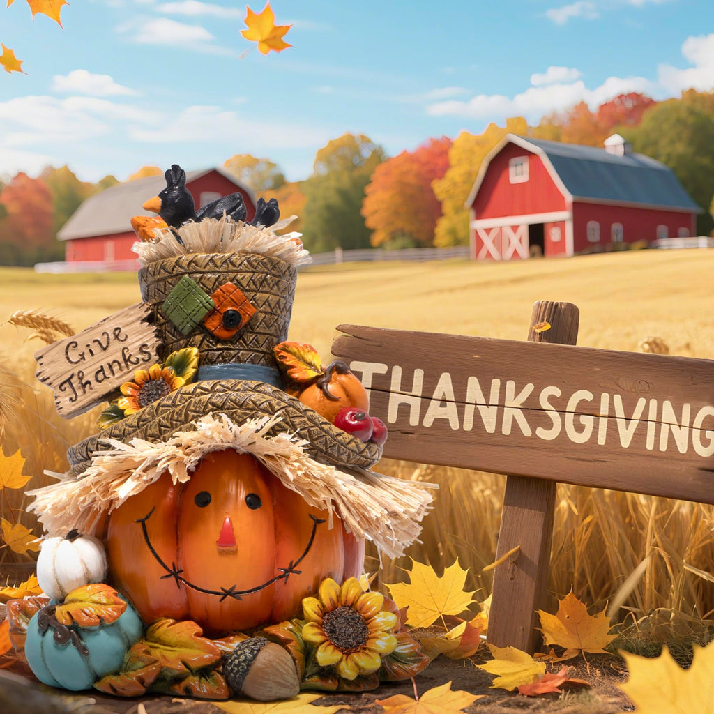 Fall Pumpkin Figurine with Give Thanks Sign, Thanksgiving Decorations