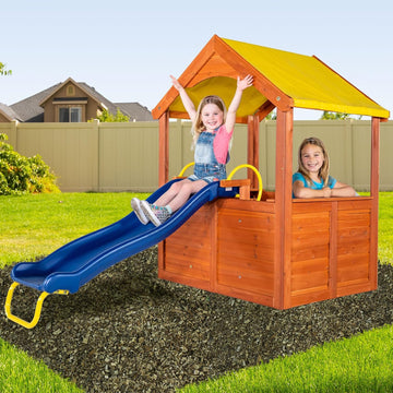Encinitas Wooden Playhouse with 4' Slide, Yellow Canopy & Table, Outdoor Backyard Playhouse for Kids with Ladder