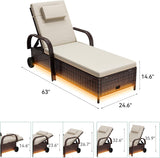 Outdoor Chaise Lounge Chair with LED Lights, Patio Wicker Lounge Chairs with 5-Level Backrest
