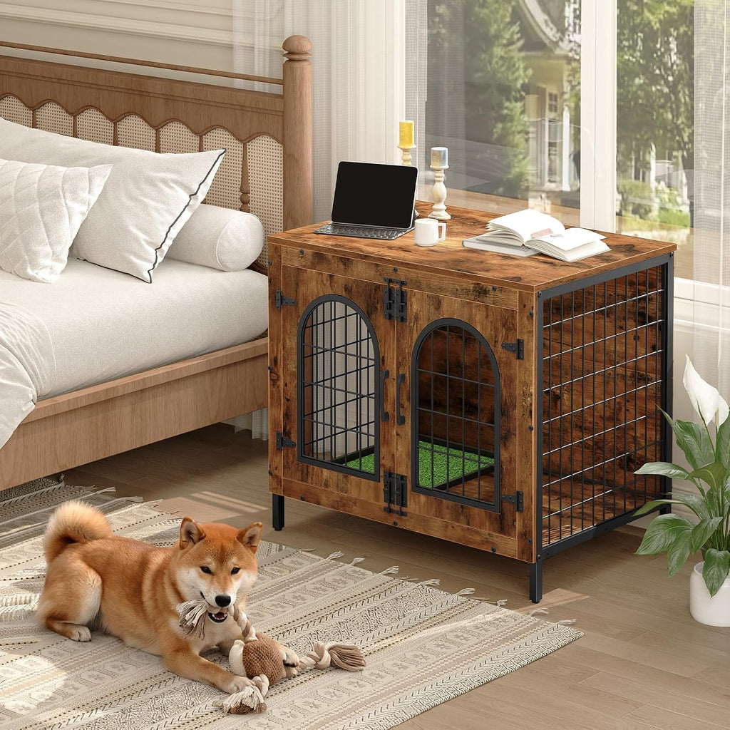 Dog Crate Furniture, 31.5" Dog Kennel with Dog Grass Pad and Tray