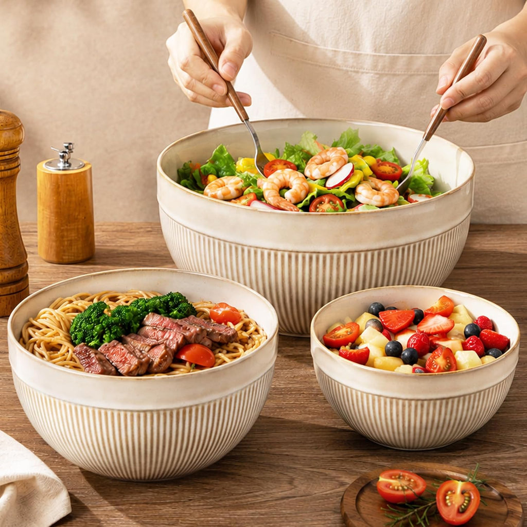 Ceramic Mixing Bowls Set of 3, Stoneware Nesting Serving Bowls | 45/90/150 oz For Prep, Baking, Serving, Gift