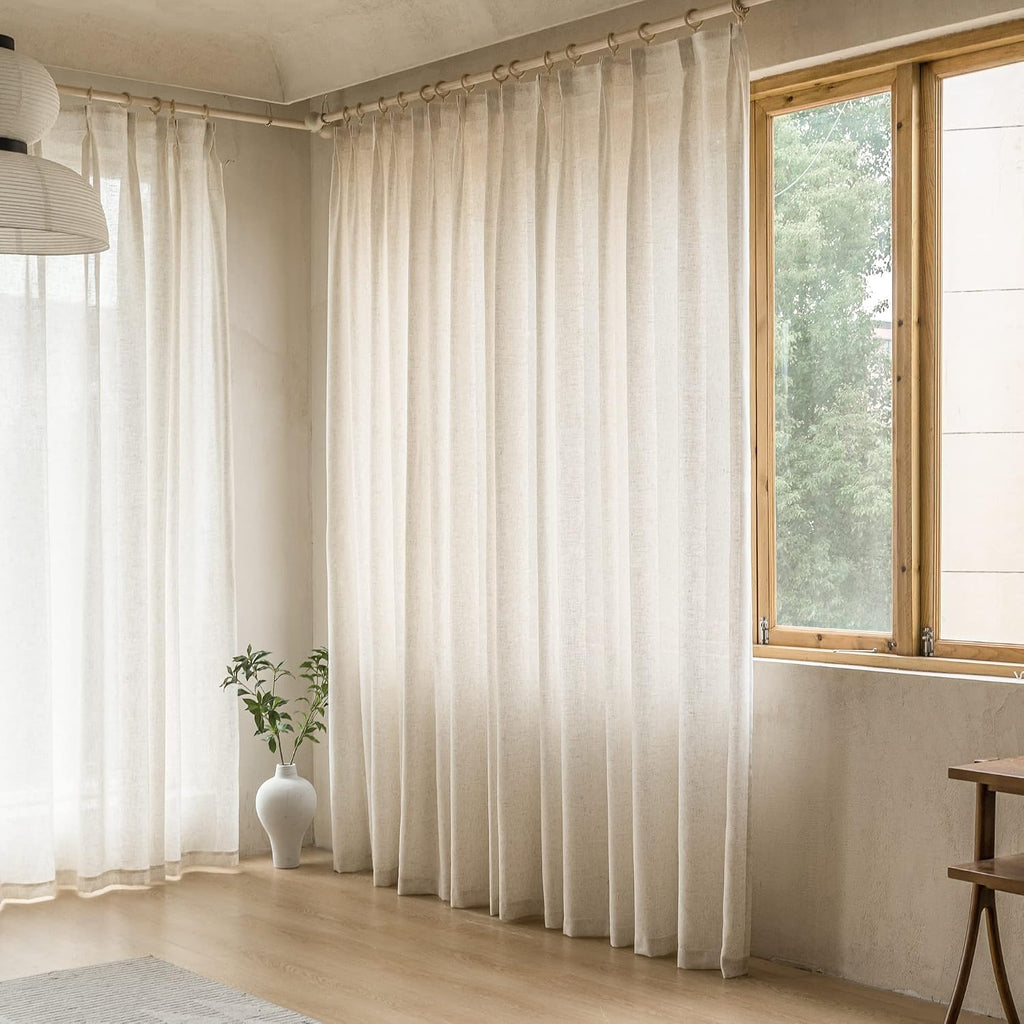 Natural Linen Pinch Pleat Semi Sheer Curtains 120 Inches Long 1 Panel