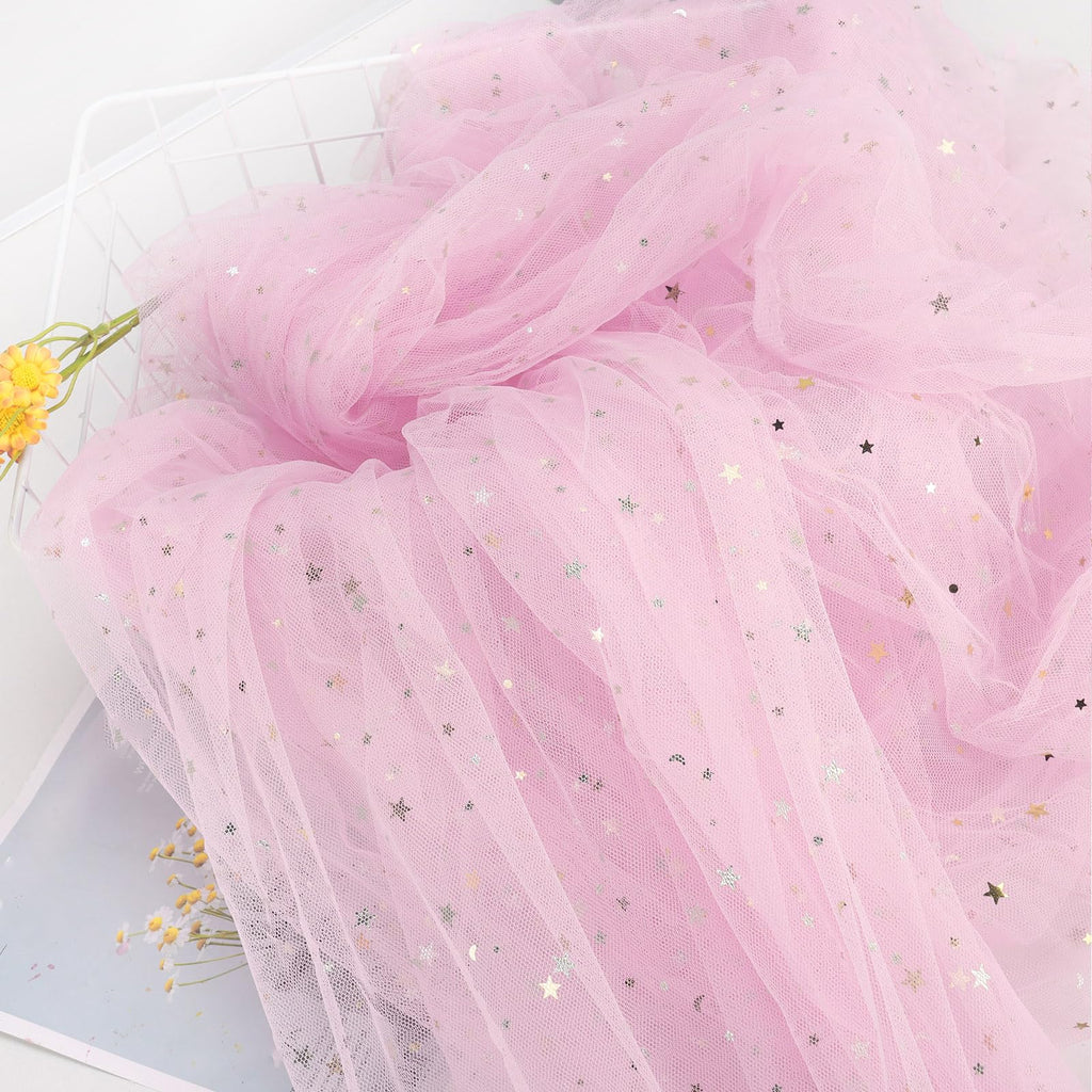 59" x 2 Yards Light Pink Glitter Tulle Rolls Star Moon Sequin Tulle Fabric Bolt for Photography Props Background Tutu